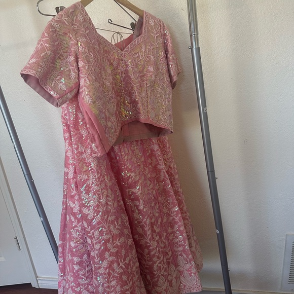 Indian Clothes Sequenced Ghagra Choli with Lace Dupatta Pink - Picture 3 of 8
